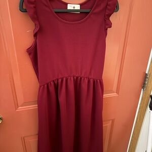Midi Dress with Ruffle Cap Sleeves in Burgundy